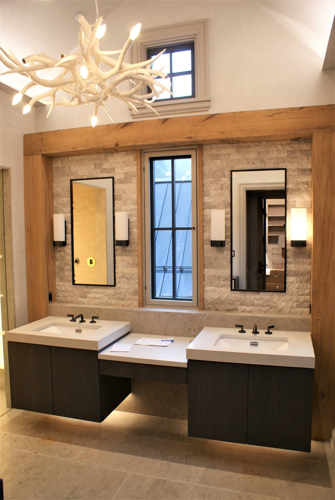 Mid-sized modern master porcelain tile bathroom with flat-panel cabinets, dark wood cabinets, an undermount sink and beige walls, by Jensen Design in Telluride, CO