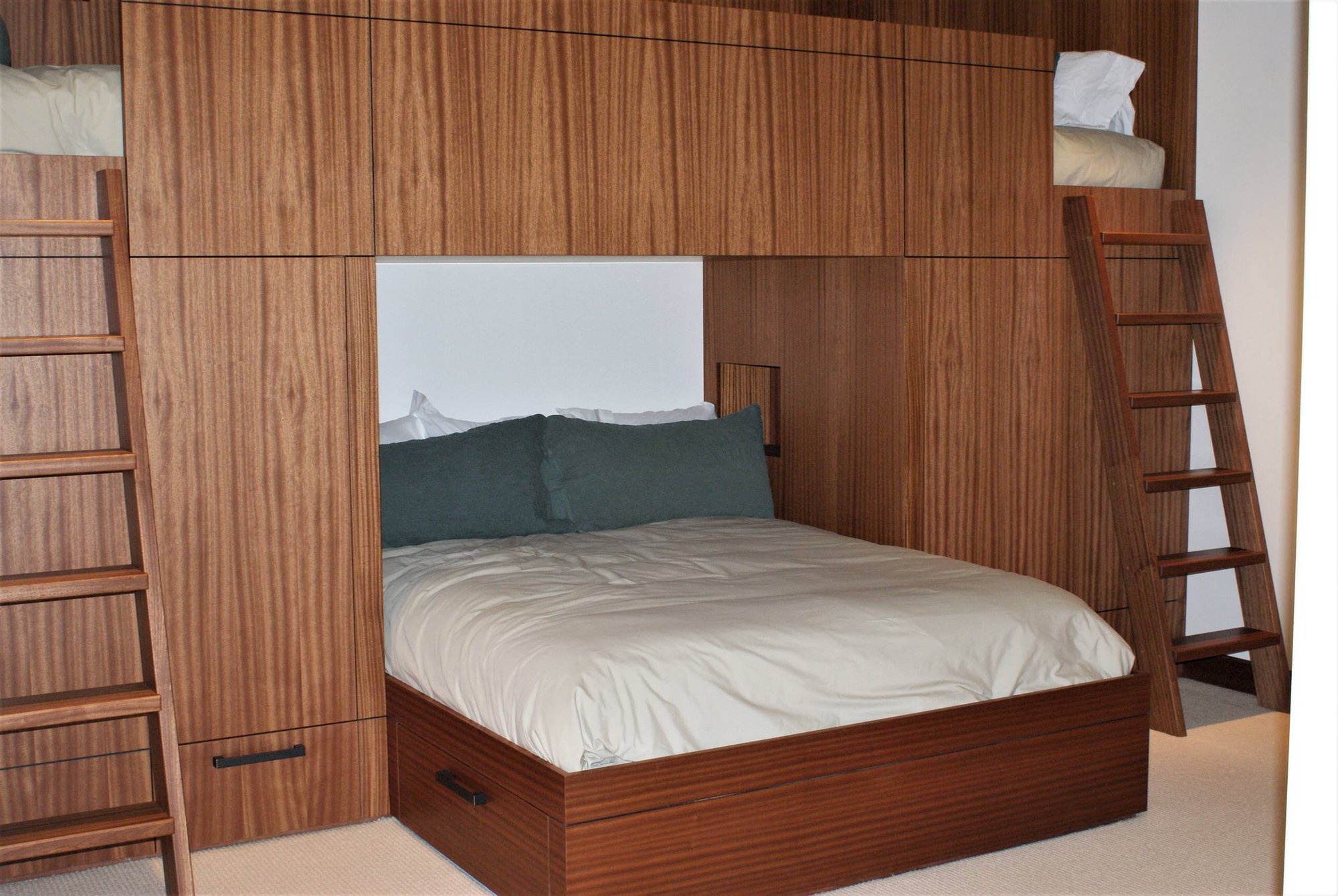 Mid-sized trendy guest carpeted bedroom with white walls and no fireplace, by Jensen Design in Telluride, CO