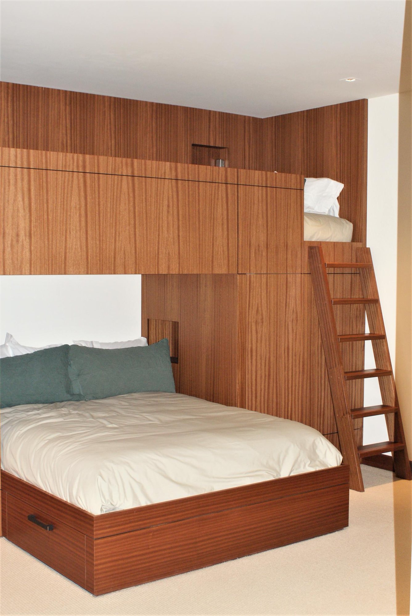 Mid-sized trendy guest carpeted bedroom with white walls and no fireplace, by Jensen Design in Telluride, CO