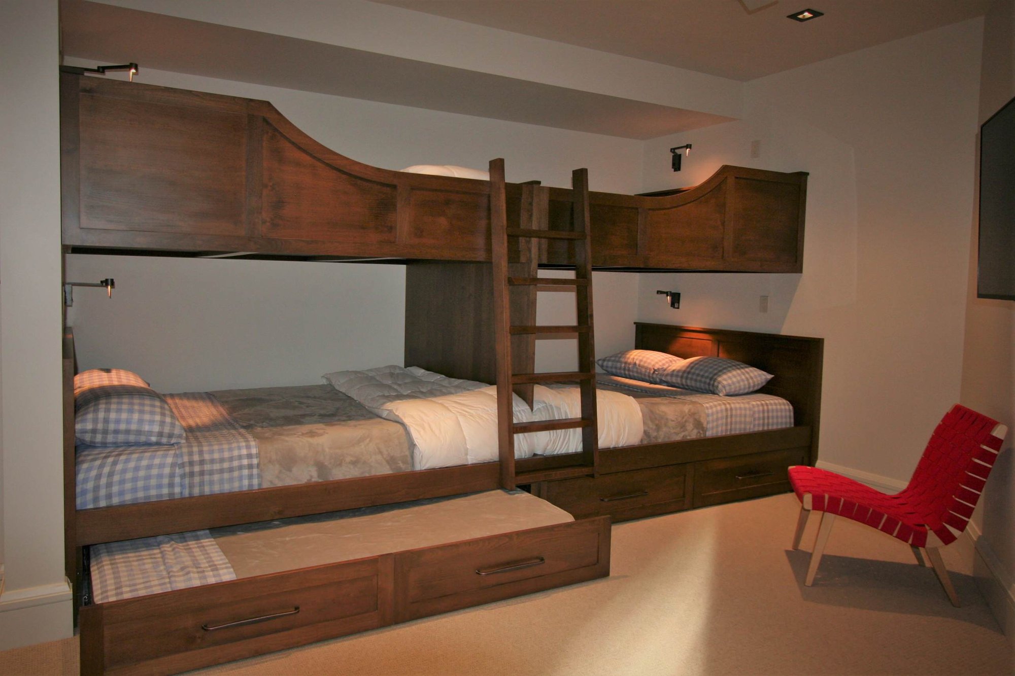 Mid-sized mountain style guest carpeted and beige floor bedroom with beige walls and no fireplace, by Jensen Design in Mountain Village, CO