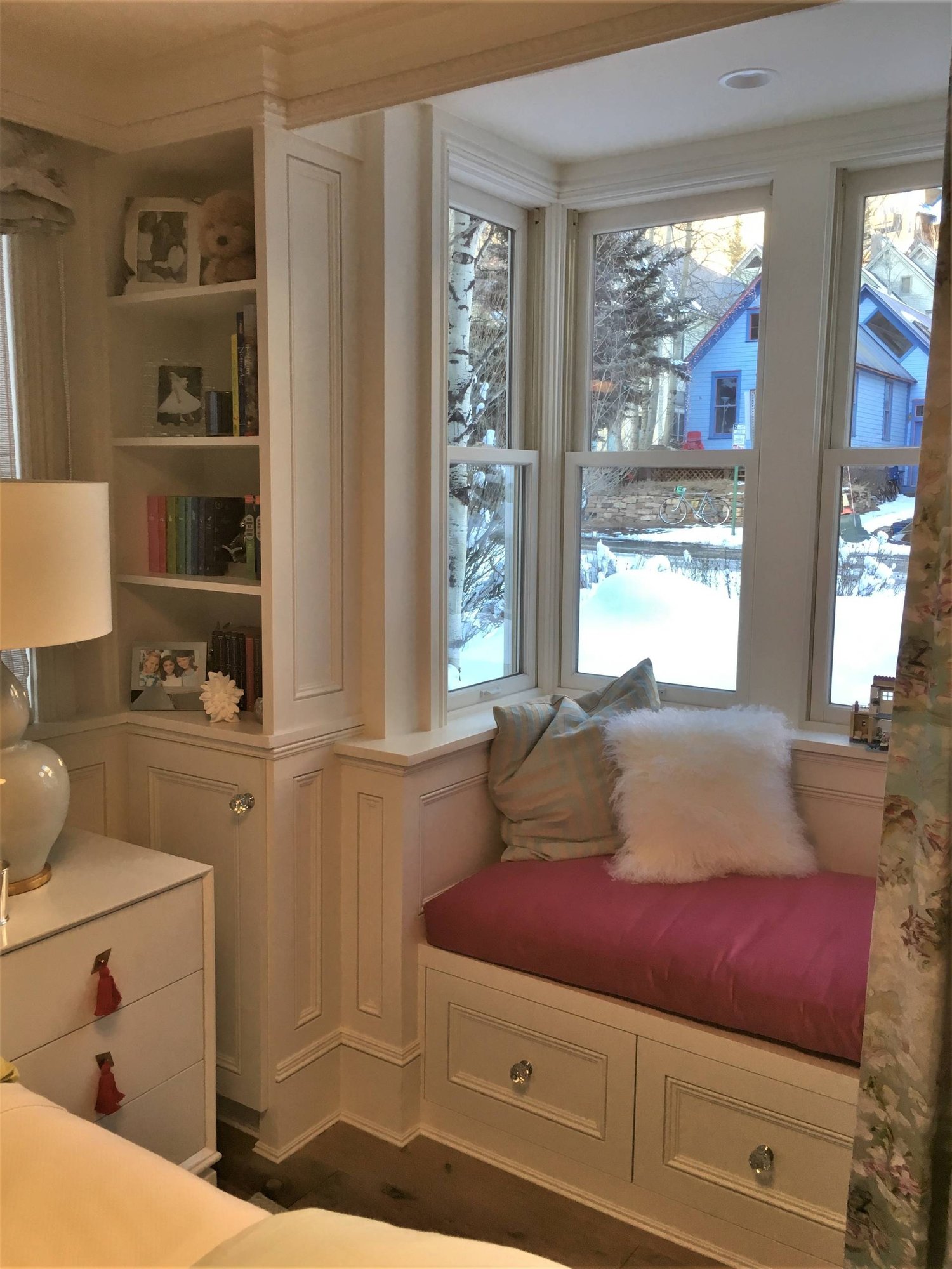 Mid-sized modern light wood floor bedroom with white walls, by Jensen Design in Telluride, CO