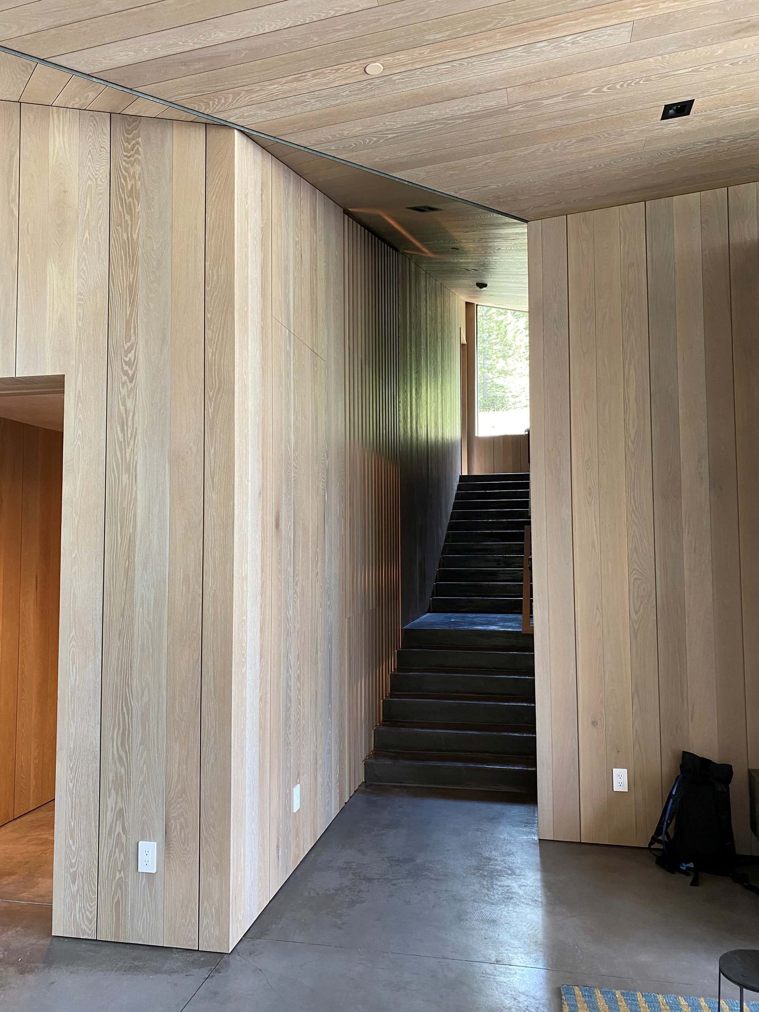Mid-sized contemporary concrete floor, gray floor and wood wall hallway, by Jensen Design in Telluride, CO